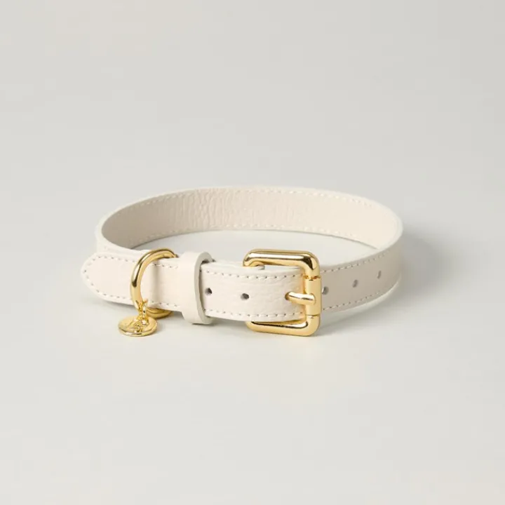Lily & Leo Leather Flat Dog Collar Cream New