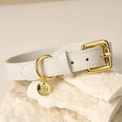 Lily & Leo Leather Flat Dog Collar Cream New