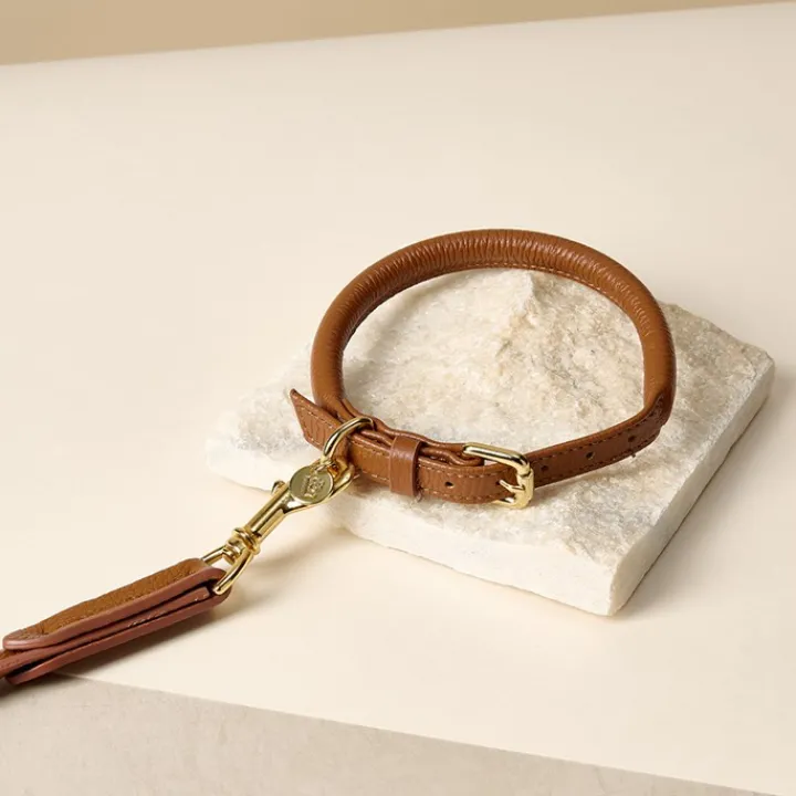 Lily & Leo Leather Rolled Dog Lead Tan Hot