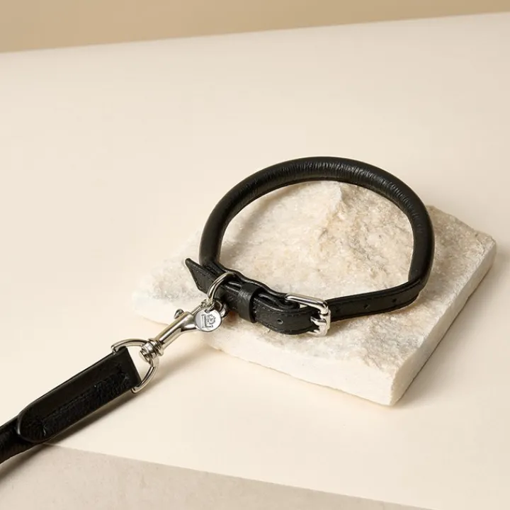 Lily & Leo Leather Rolled Dog Lead Black Discount
