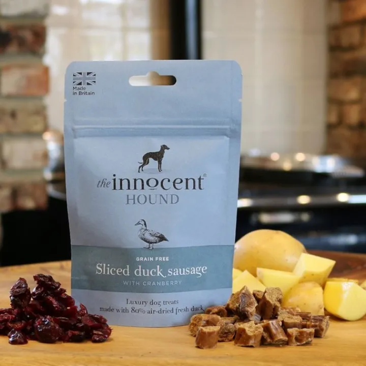 The Innocent Hound Sliced Duck Sausage with Cranberry Dog Treats 70g Clearance